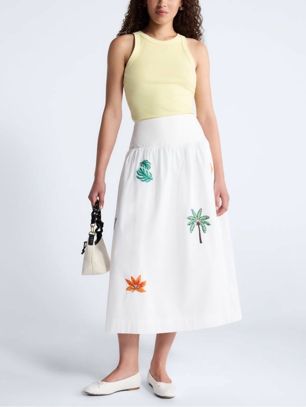 White Embroidered Tropical Drop Waist Maxi Skirt!